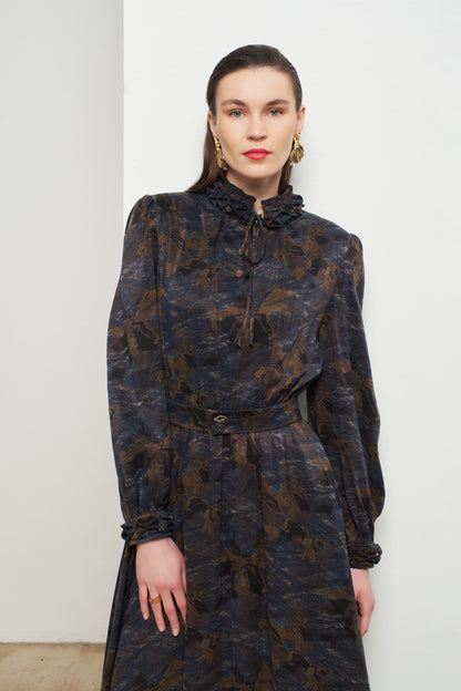 Kadın Ön Yaka Bağcıklı Desenli Kupra Elbise