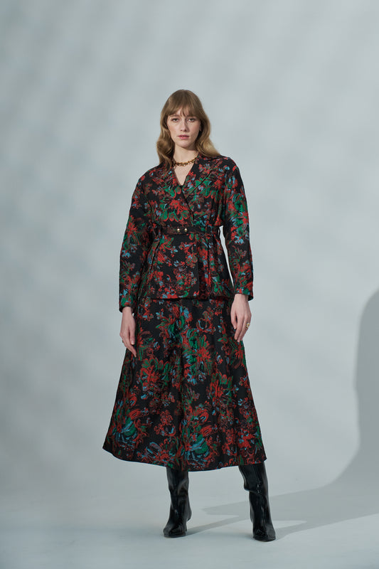 Kadın Jakar Desenli Midi Etek