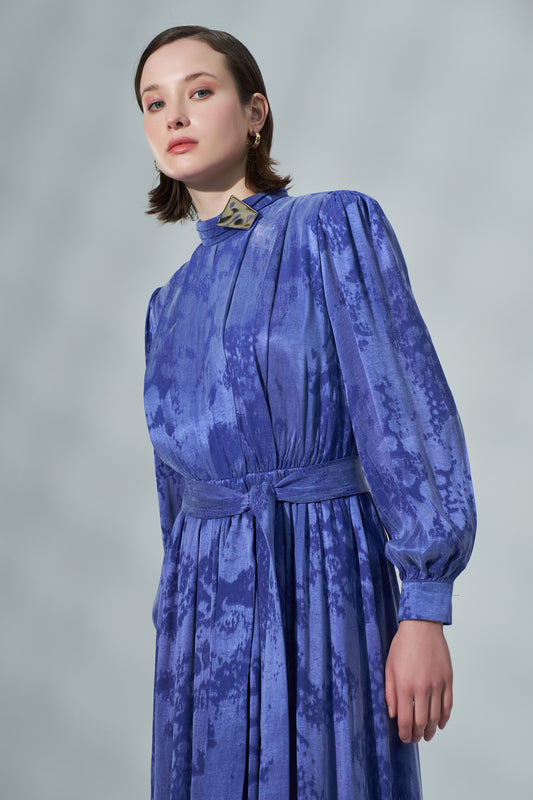 Kadın Desenli Belden Bağlamalı Uzun Elbise