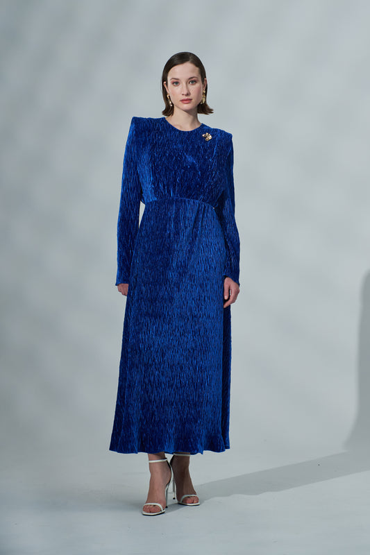 Kadın Uzun Kollu Beli Büzgülü Kadife Elbise