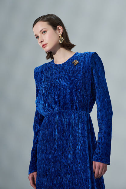 Kadın Uzun Kollu Beli Büzgülü Kadife Elbise