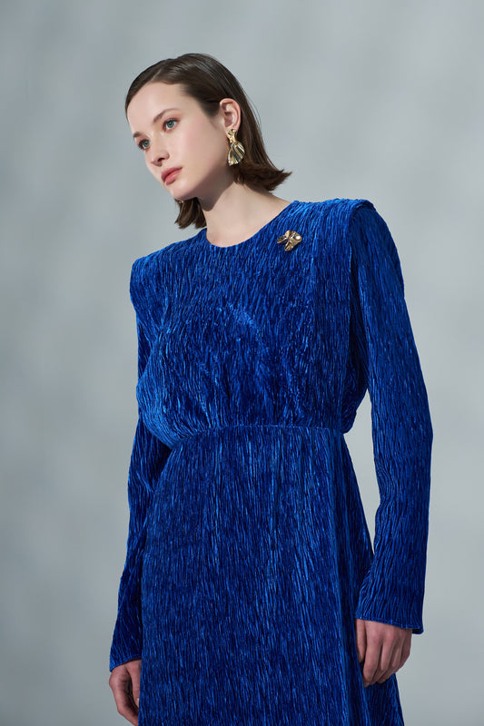 Kadın Uzun Kollu Beli Büzgülü Kadife Elbise