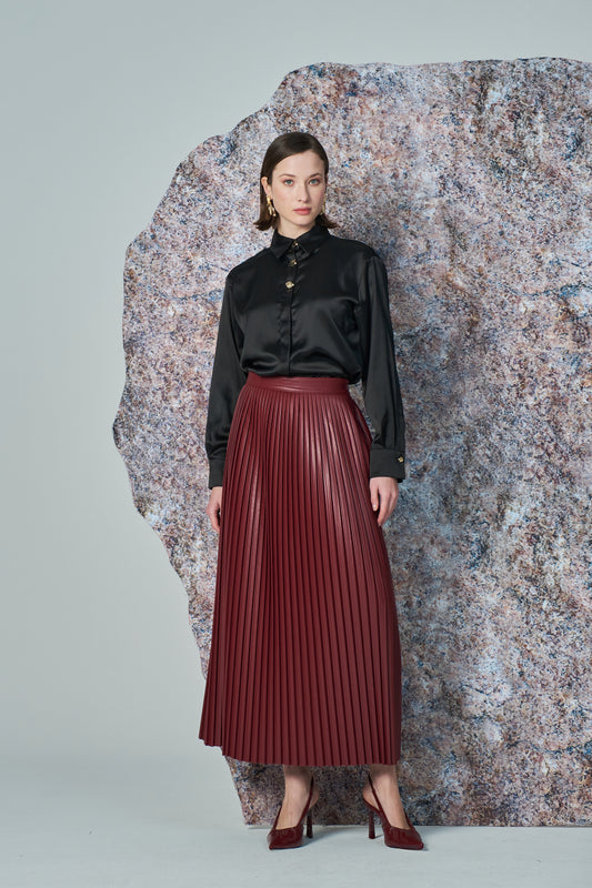 Kadın Piliseli Deri Midi Etek