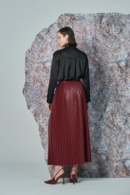 Women's Pleated Leather Midi Skirt