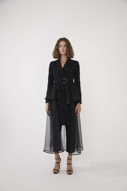 Women's Lace Detail Belted Jacquard Coat