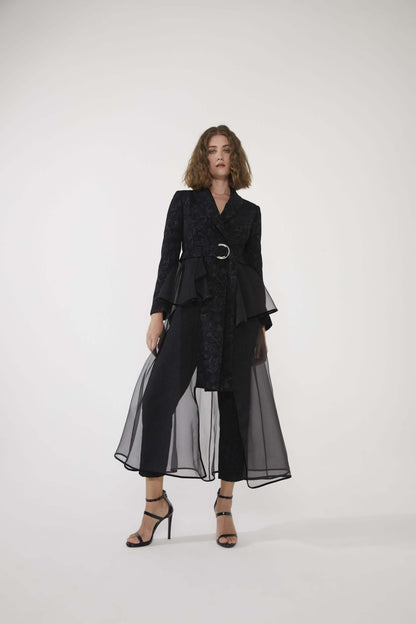 Women's Lace Detail Belted Jacquard Coat