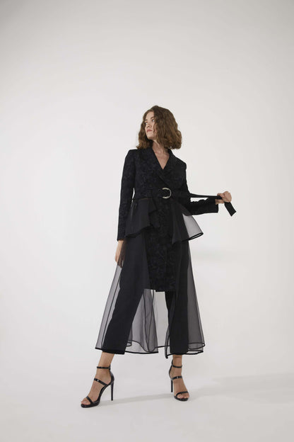 Women's Lace Detail Belted Jacquard Coat