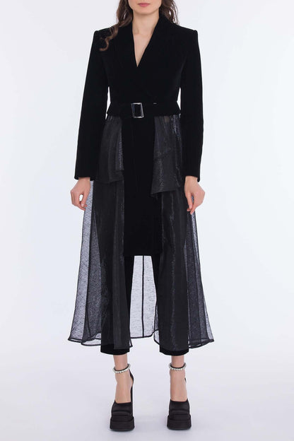 Women's Shimmering Ruffled Velvet Padded-Shoulder Coat