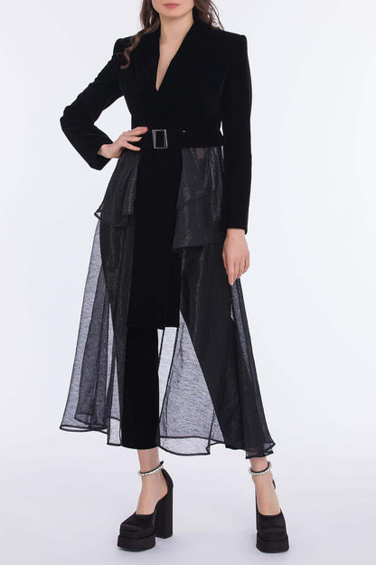 Women's Shimmering Ruffled Velvet Padded-Shoulder Coat