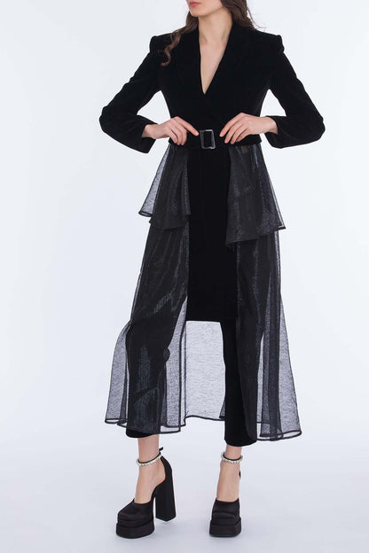 Women's Shimmering Ruffled Velvet Padded-Shoulder Coat