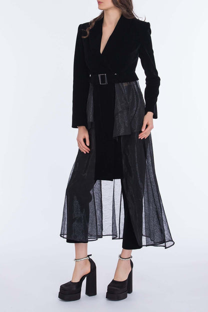 Women's Shimmering Ruffled Velvet Padded-Shoulder Coat