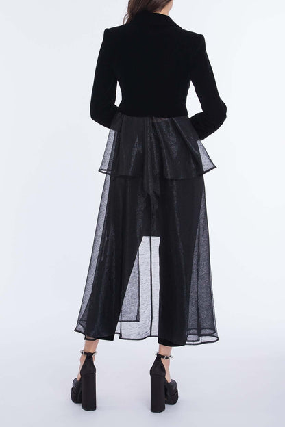 Women's Shimmering Ruffled Velvet Padded-Shoulder Coat