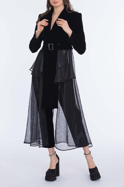 Women's Shimmering Ruffled Velvet Padded-Shoulder Coat