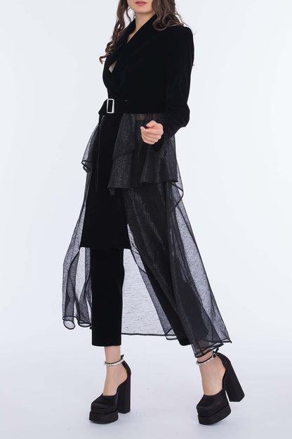 Women's Shimmering Ruffled Velvet Padded-Shoulder Coat